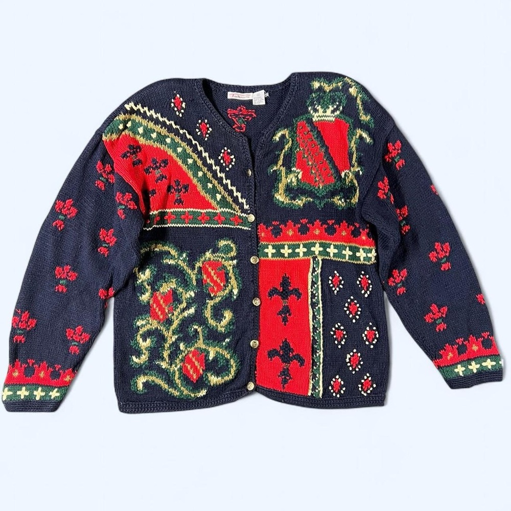 Vintage Heraldic Knit Cardigan Sweater XL Preppy Academia 90s Talbots Blue Red